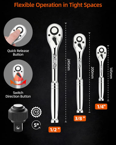 JU JIAN TEC extension bars and wrenches enable reach in tight spaces.