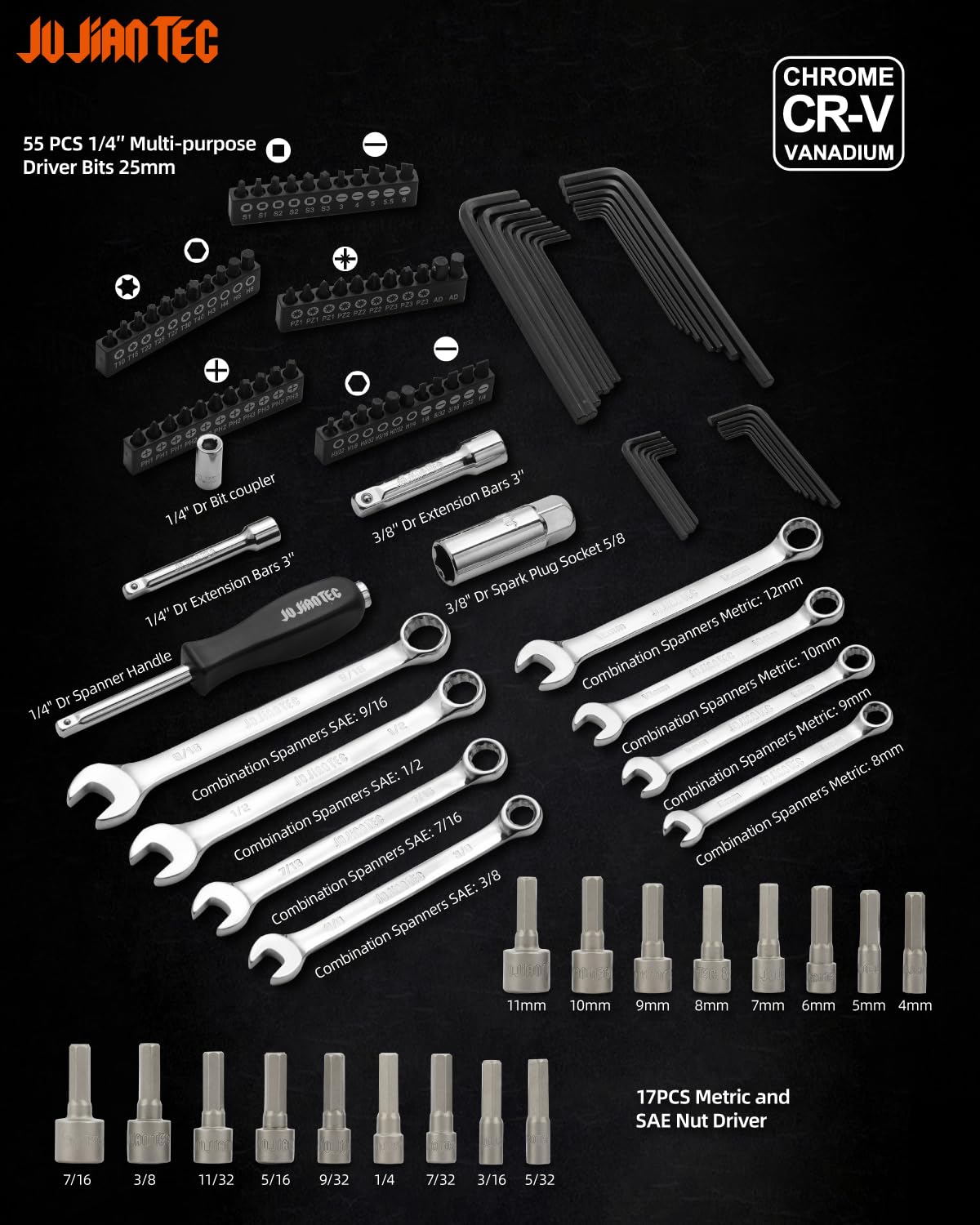 JU JIAN TEC half-inch drive ratchet wrench with quick-release for fast fastening.