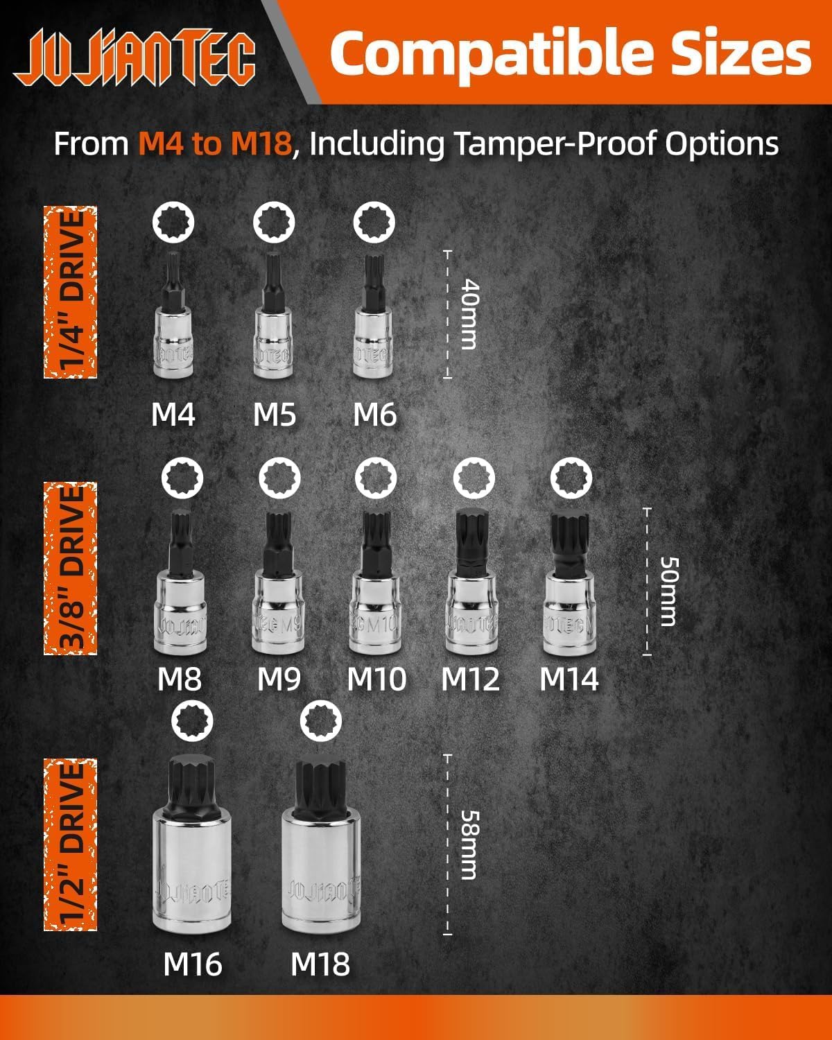 JU JIAN TEC XZN 3/8 drive M8–M14 tamper-proof sockets for secure fit.