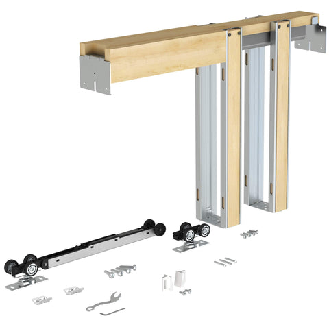 JUBEST pocket door frame kit fits 24–36 inch wide doors up to 80 inches tall.