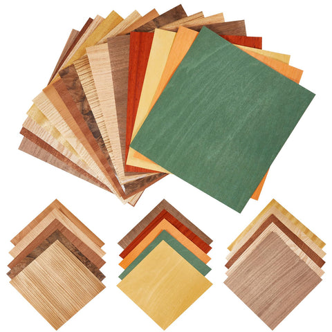 Juexica multicolor wood veneer sheets show vibrant grain patterns for marquetry and crafts.