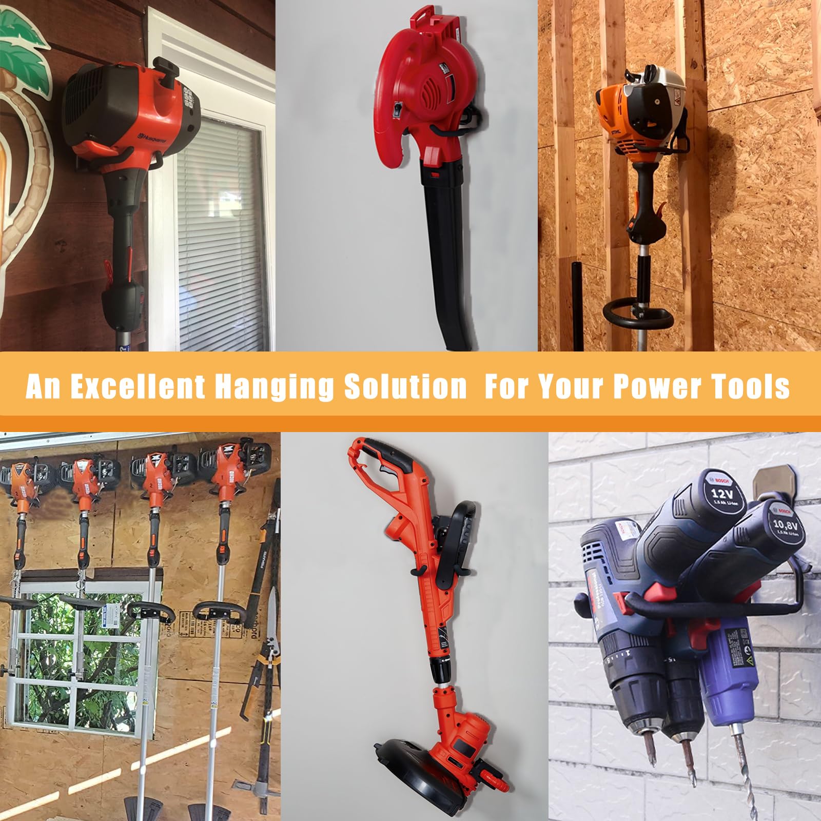 Juformin Weedeater Hanger installed in a garage demonstrates efficient tool organization.