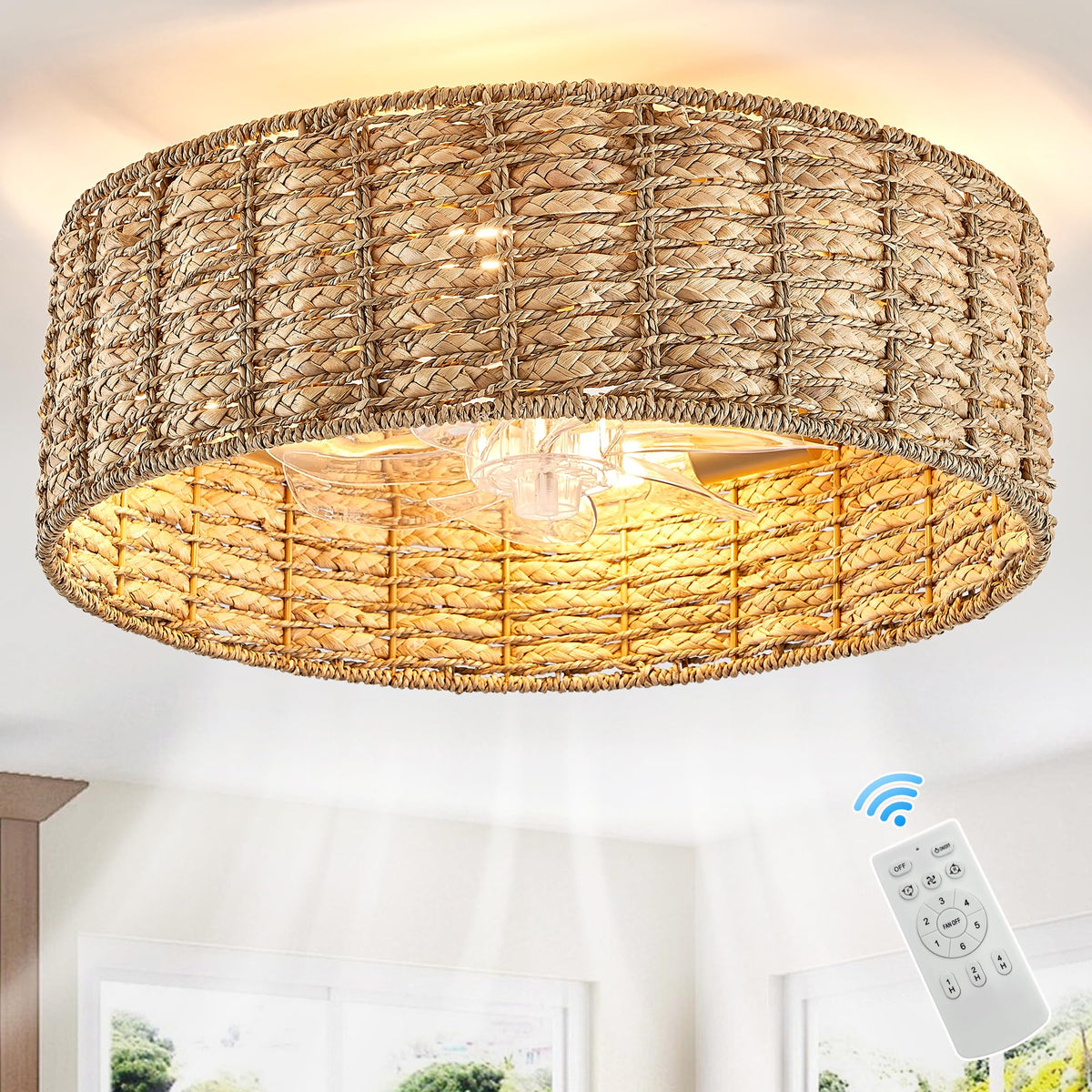 Jughtbo 20inch fandelier with rattan light for warm ambient lighting.