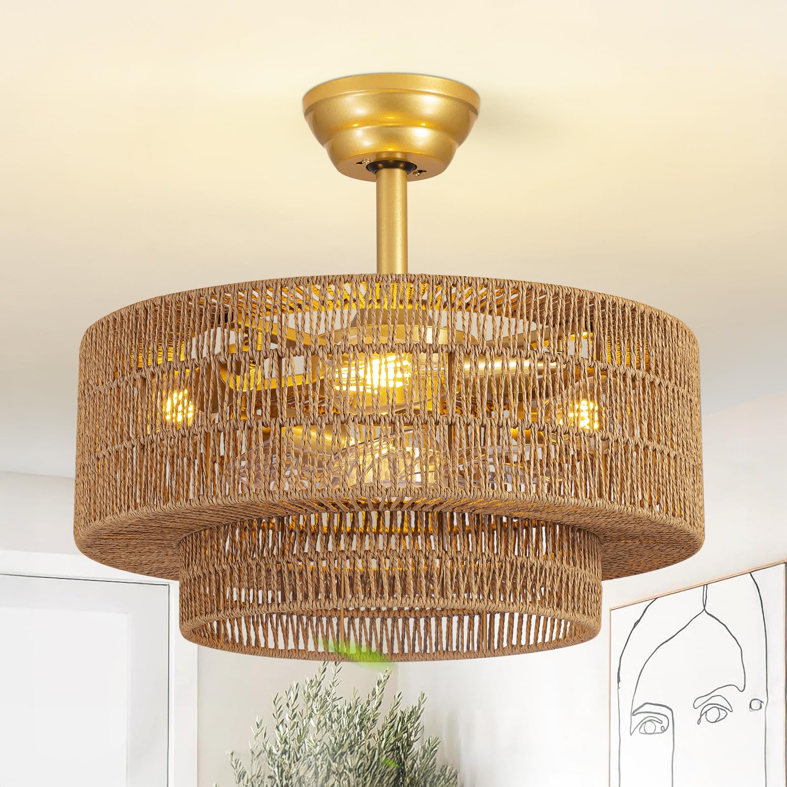 Jughtbo boho caged fandelier front view with stylish lighting and airflow.