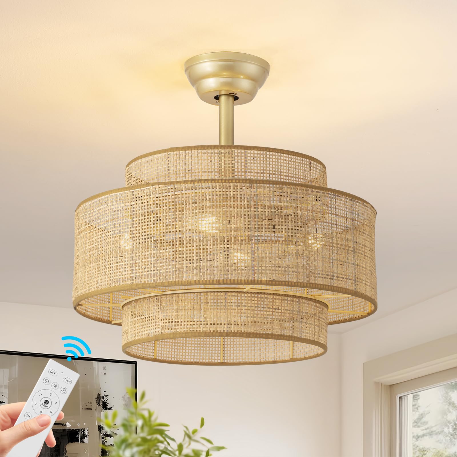Jughtbo Boho Fandelier shows a woven rattan shade for warm bedrooms.