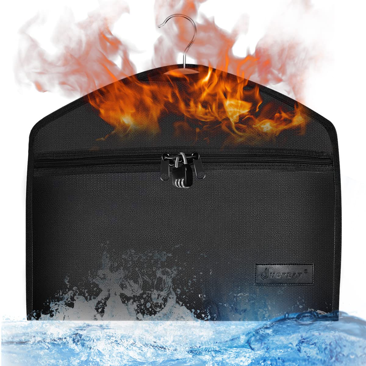 JUGREAT fireproof hanger bag hanging in closet conceals valuables discreetly.