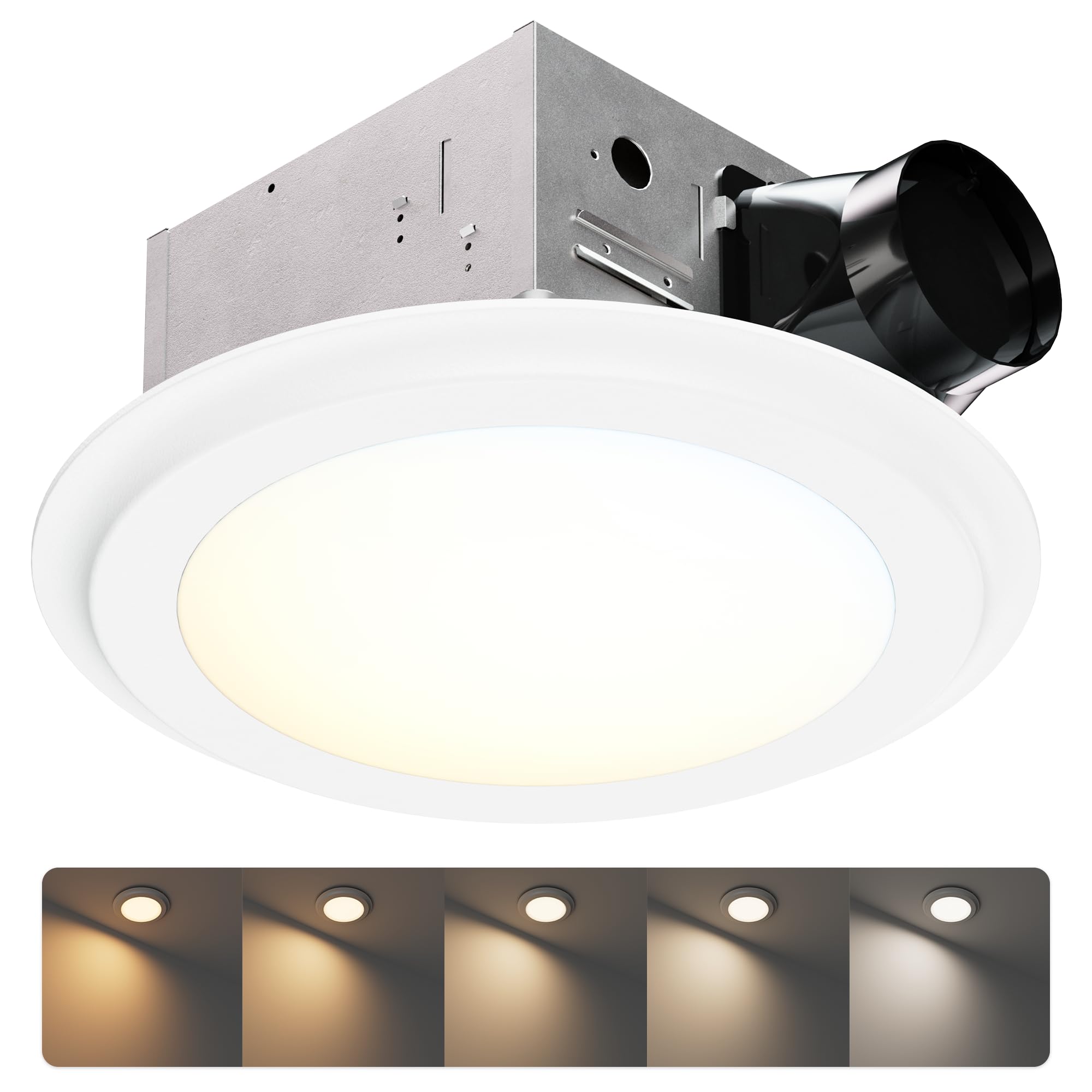 JULLISON 100CFM round bathroom fan with LED light for moisture control after showers.