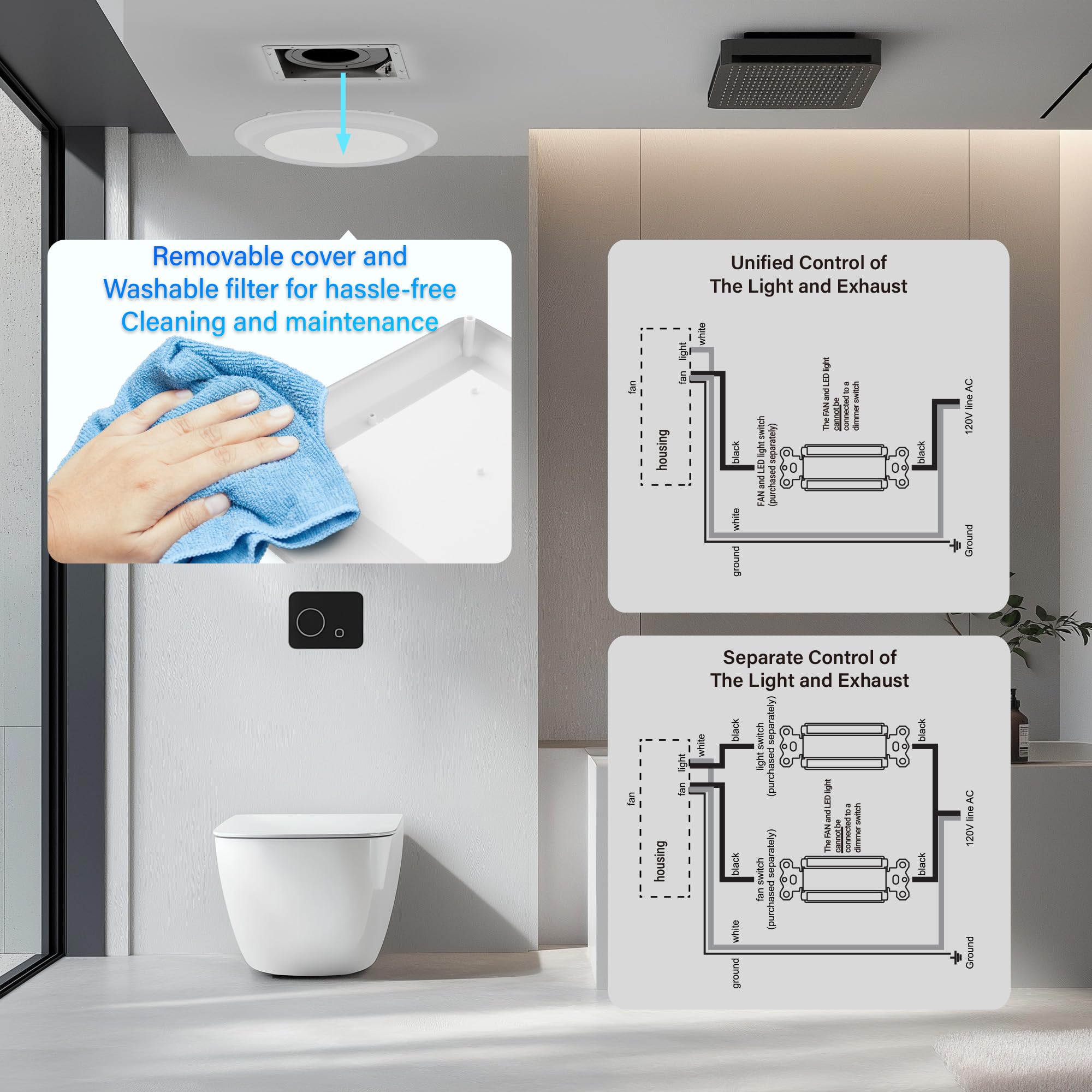 JULLISON quiet bathroom fan operates at 1.2 sones for peaceful routines.