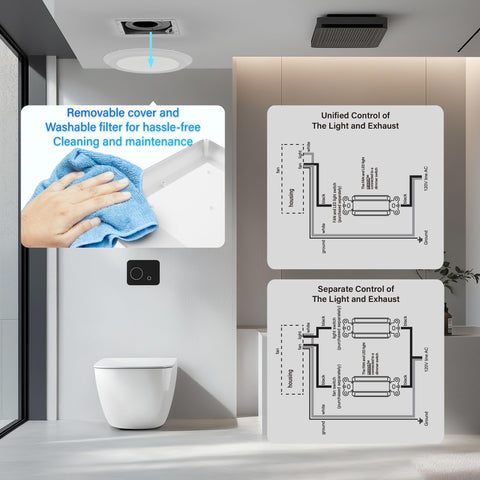 JULLISON quiet bathroom fan operates at 1.2 sones for peaceful routines.