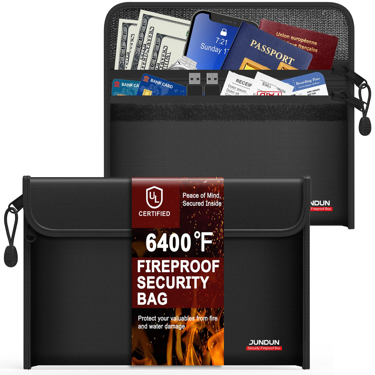 JUNDUN 6400℉ fireproof money bag open with two pockets for organized storage