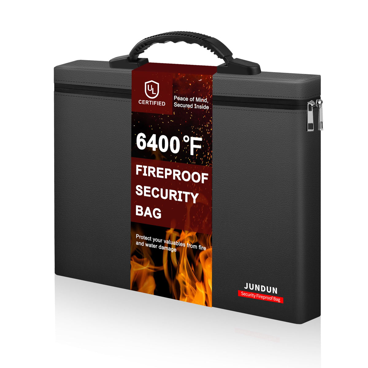 JUNDUN Fireproof Money Bag front view with a sleek exterior protecting valuables.
