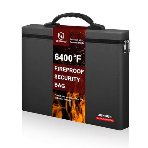 JUNDUN Fireproof Money Bag front view with a sleek exterior protecting valuables.