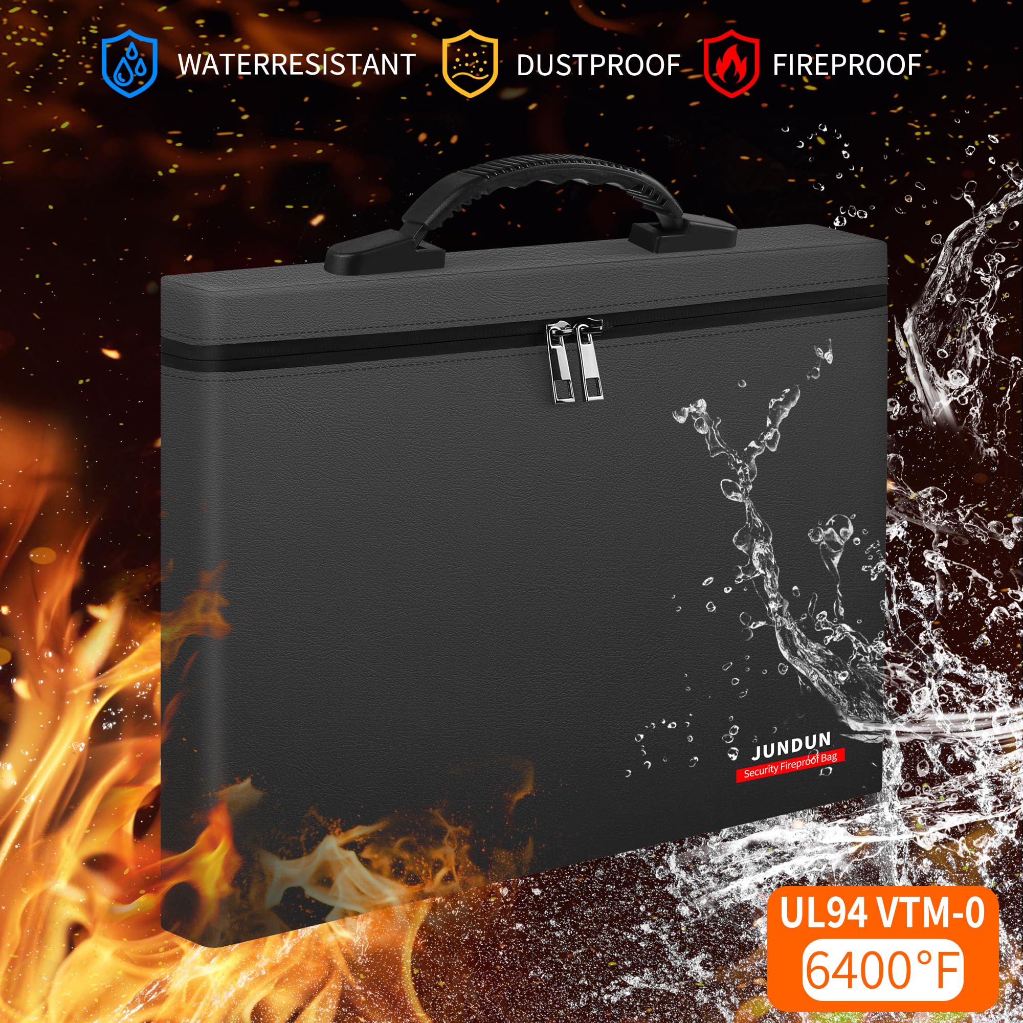 JUNDUN Fireproof Money Bag open compartment shows 2-pocket layout for documents.