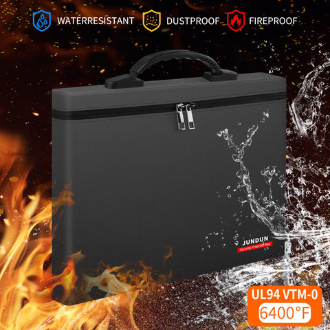JUNDUN Fireproof Money Bag open compartment shows 2-pocket layout for documents.