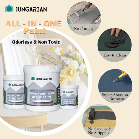 Jungarian cabinet-drawer-application image emphasizes no-sanding, one-step paint convenience.