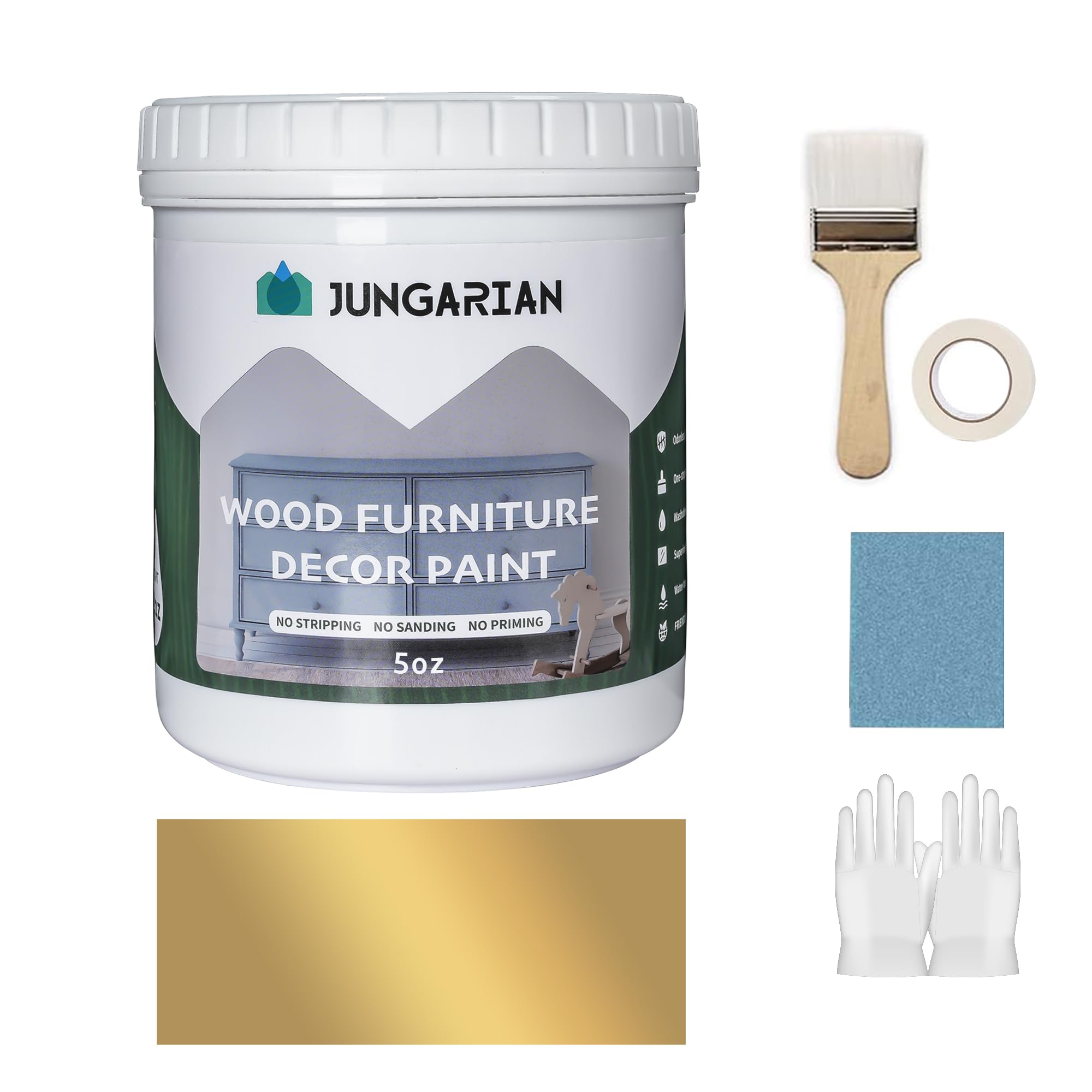 Jungarian furniture paint kit front view shows an easy one-step makeover for wood furniture.