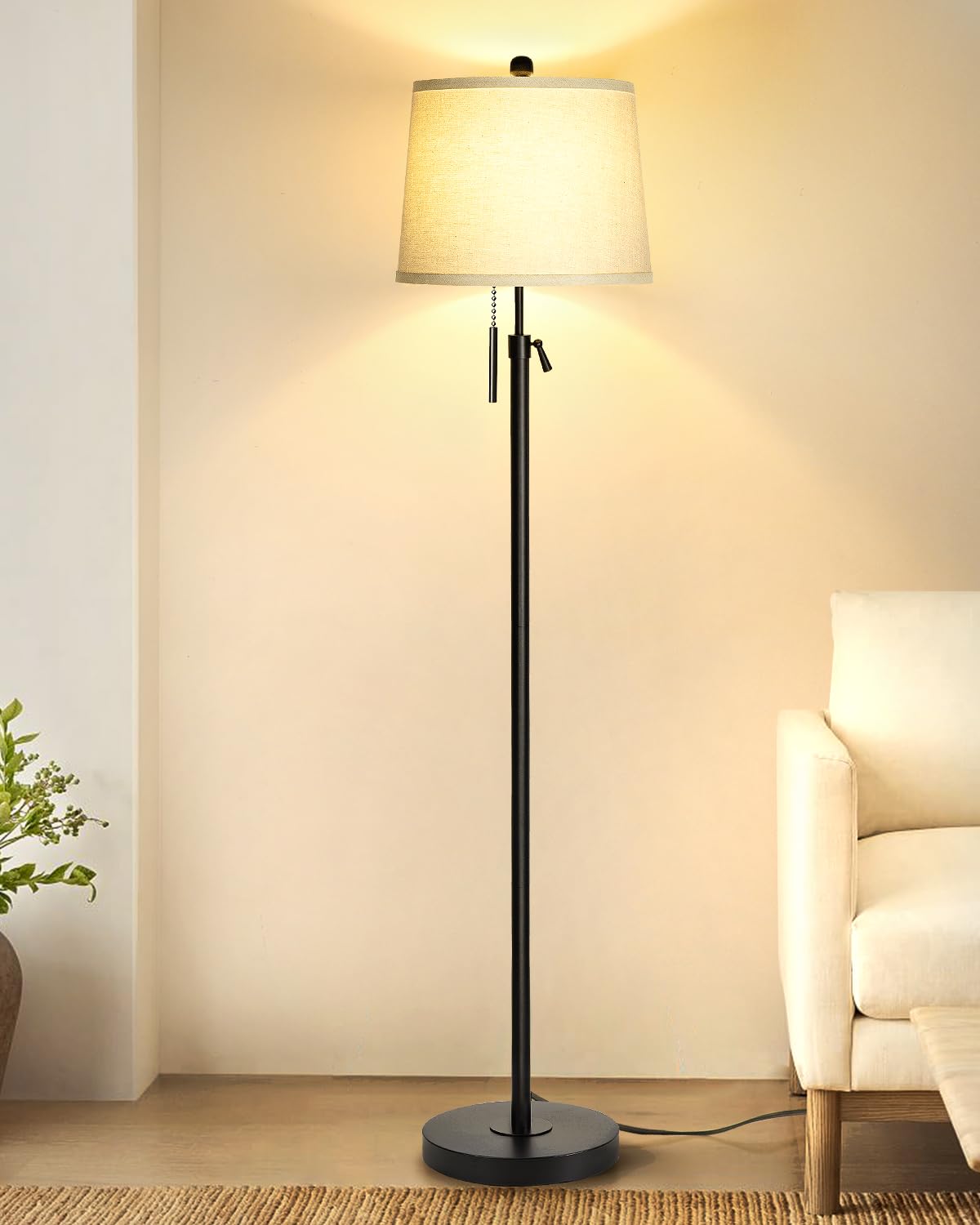 JUNNAI floor lamp with adjustable height and beige shade for versatile living room lighting