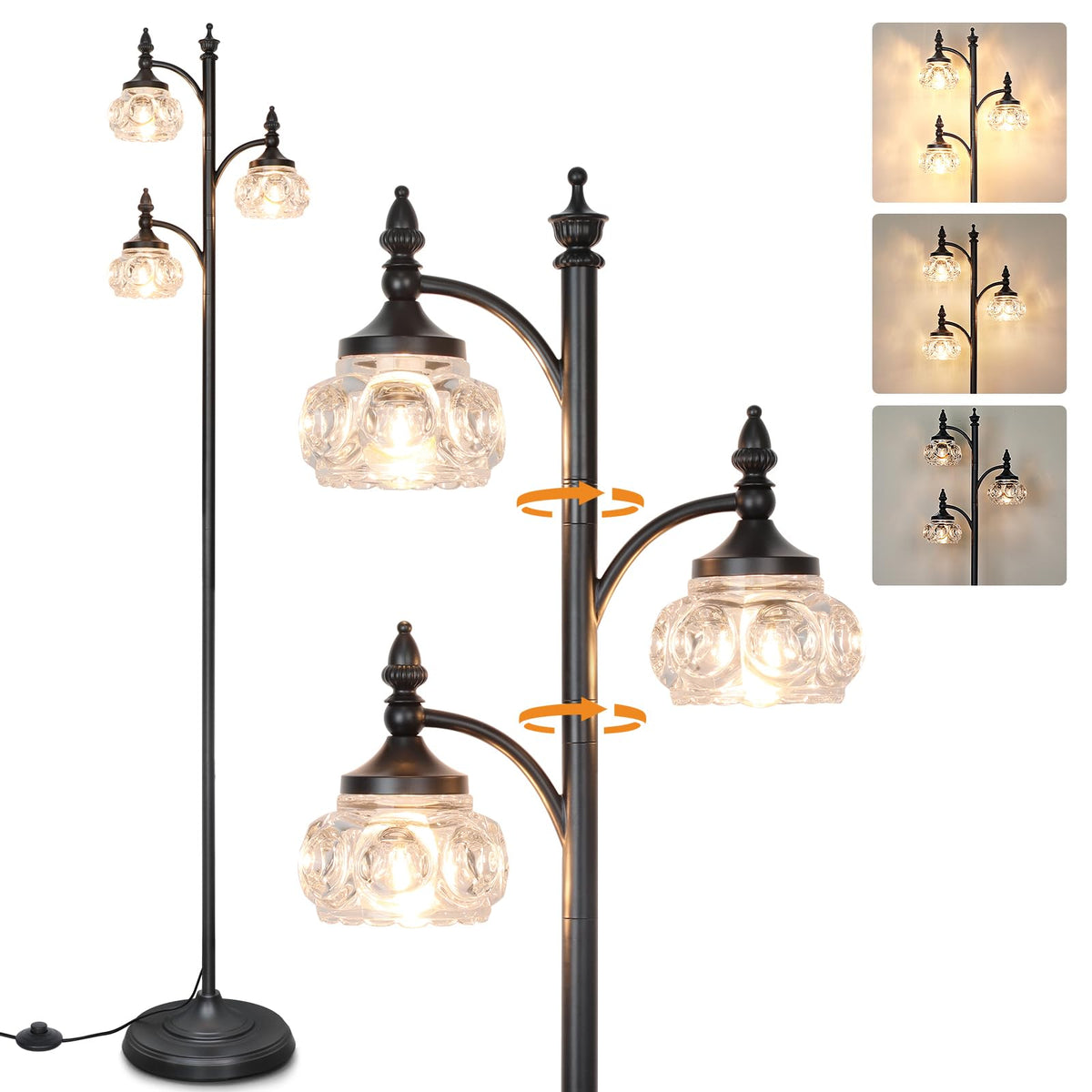 JUNNAI black floor lamp with three glass shades adds elegant ambient light to living spaces.