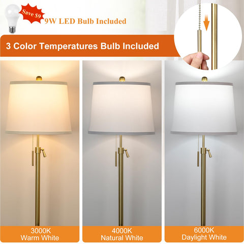 JUNNAI Brass Floor Lamp with 9W LED bulb for reading or work