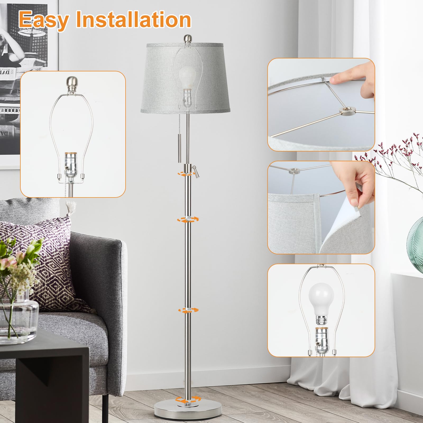 JUNNAI Floor Lamp silver gray shade for a modern look.