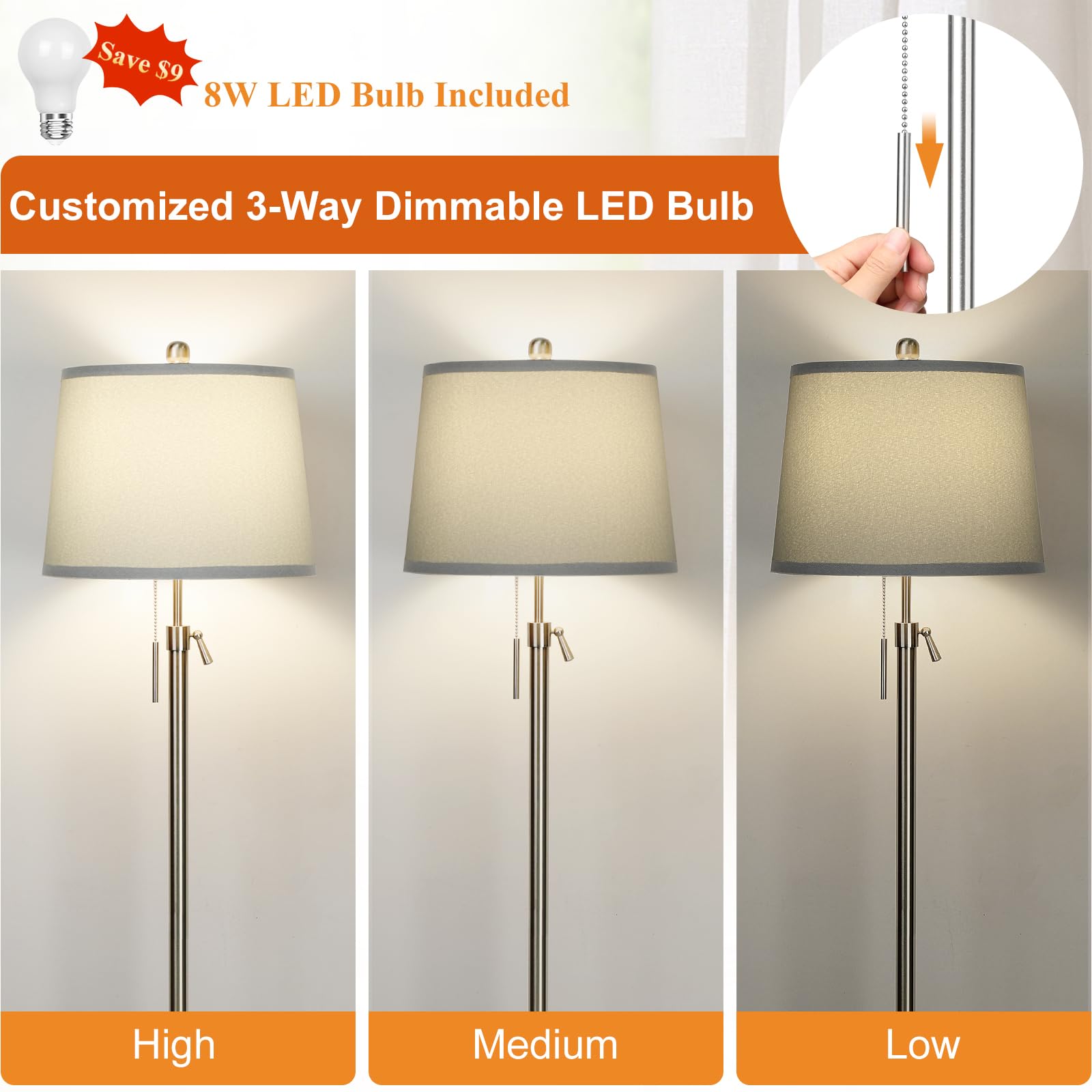 JUNNAI Floor Lamp with sturdy metal base for stable placement.