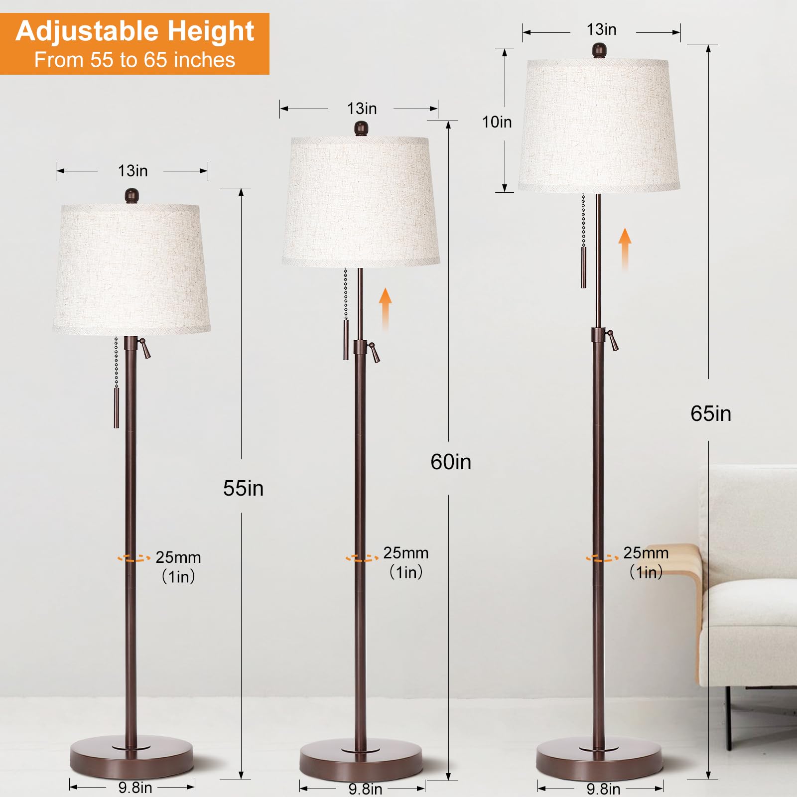 JUNNAI floor lamp with sturdy metal base for stable placement.