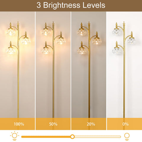 JUNNAI Gold floor lamp showing included 3 LED bulbs for warm ambience