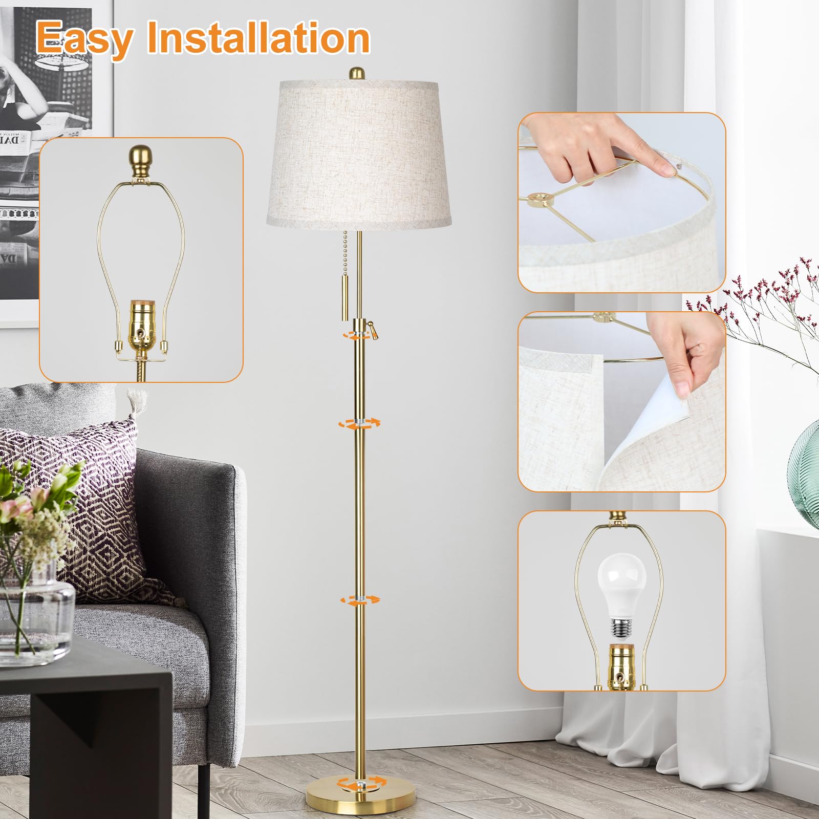 JUNNAI easy assembly floor lamp with pull chain