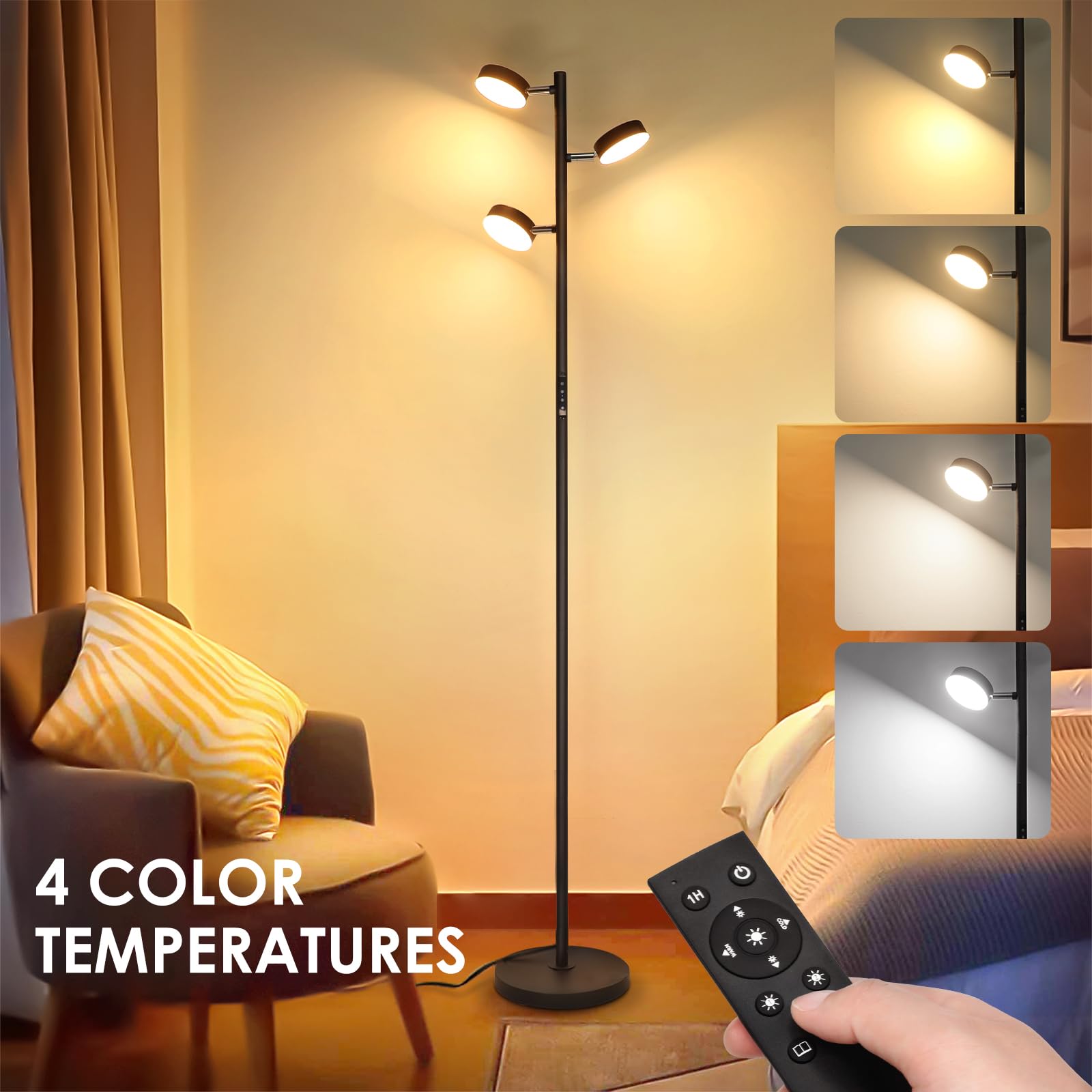 JUNNAI LED Tree Lamp with three adjustable heads for flexible room illumination.