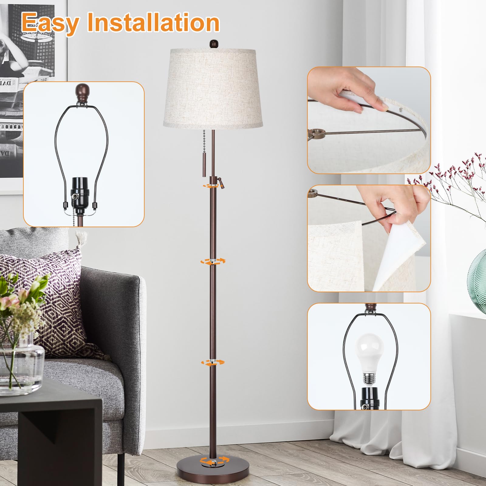 JUNNAI living room floor lamp lit for ambient illumination beside the sofa.