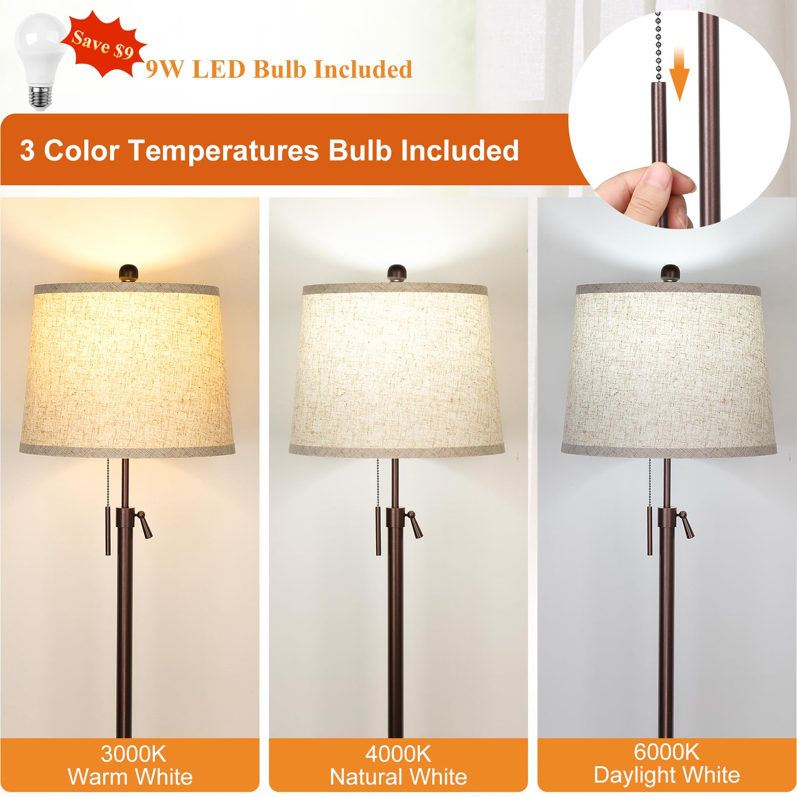 JUNNAI floor lamp showing 3-color temperatures for warm, natural, daylight moods.
