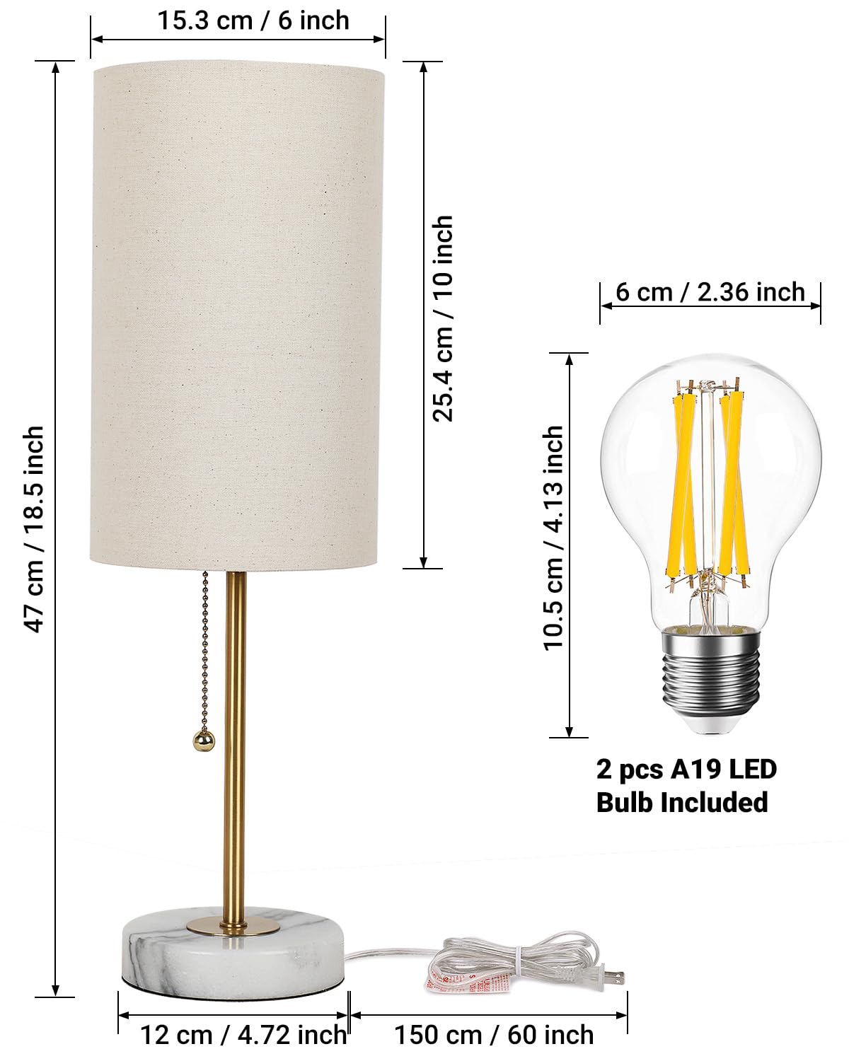 JUNNAI table lamp 3-way dimmable with included bulbs.