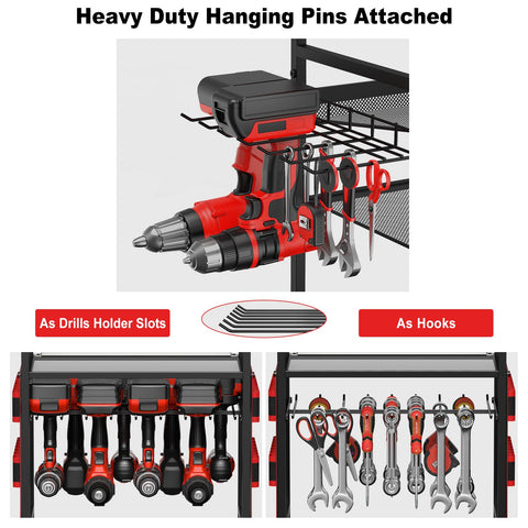 JUNNUJ Garage cart drill holders image shows organized storage for multiple drills and accessories.