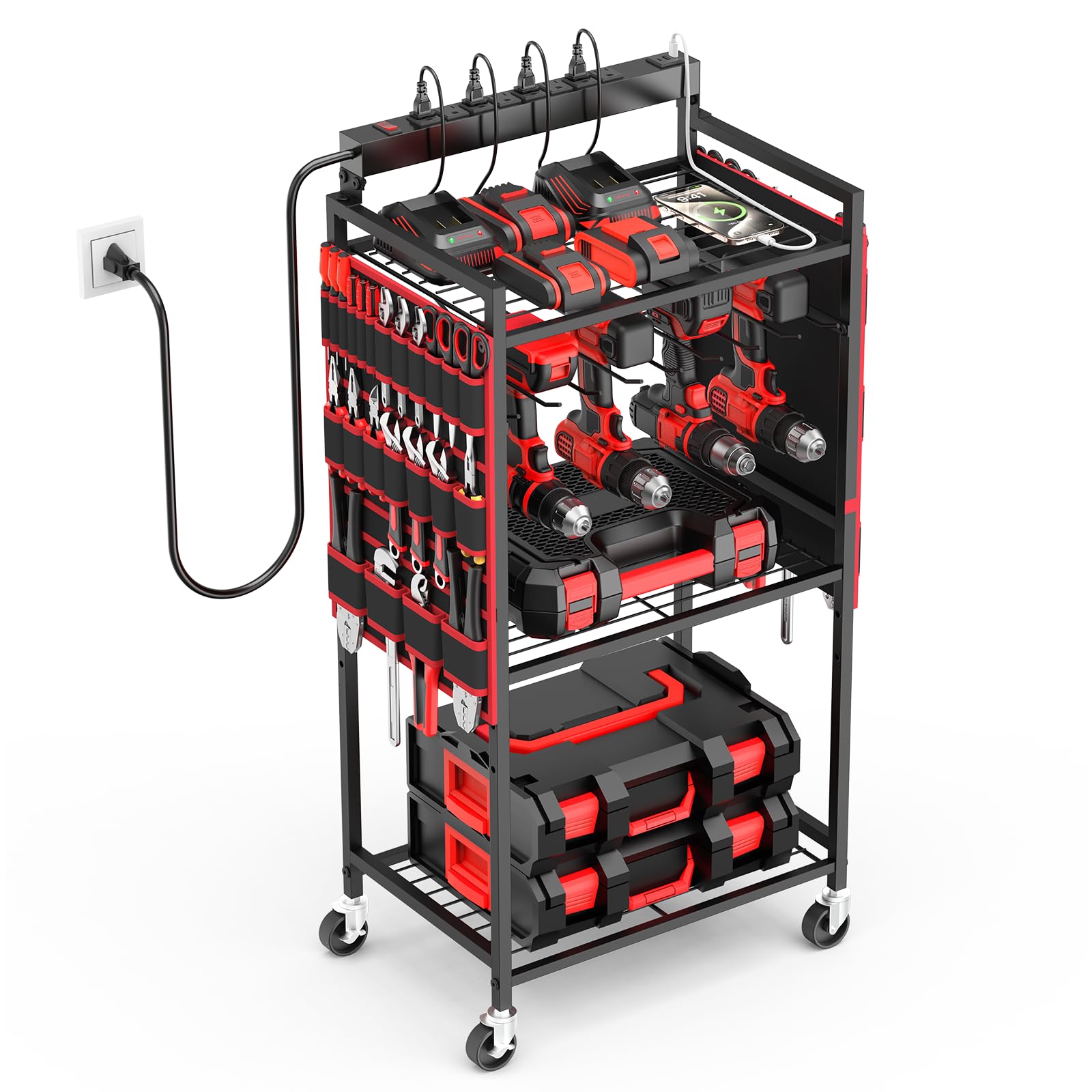 JUNNUJ garage power tool organizer cart front view with outlets for steady charging