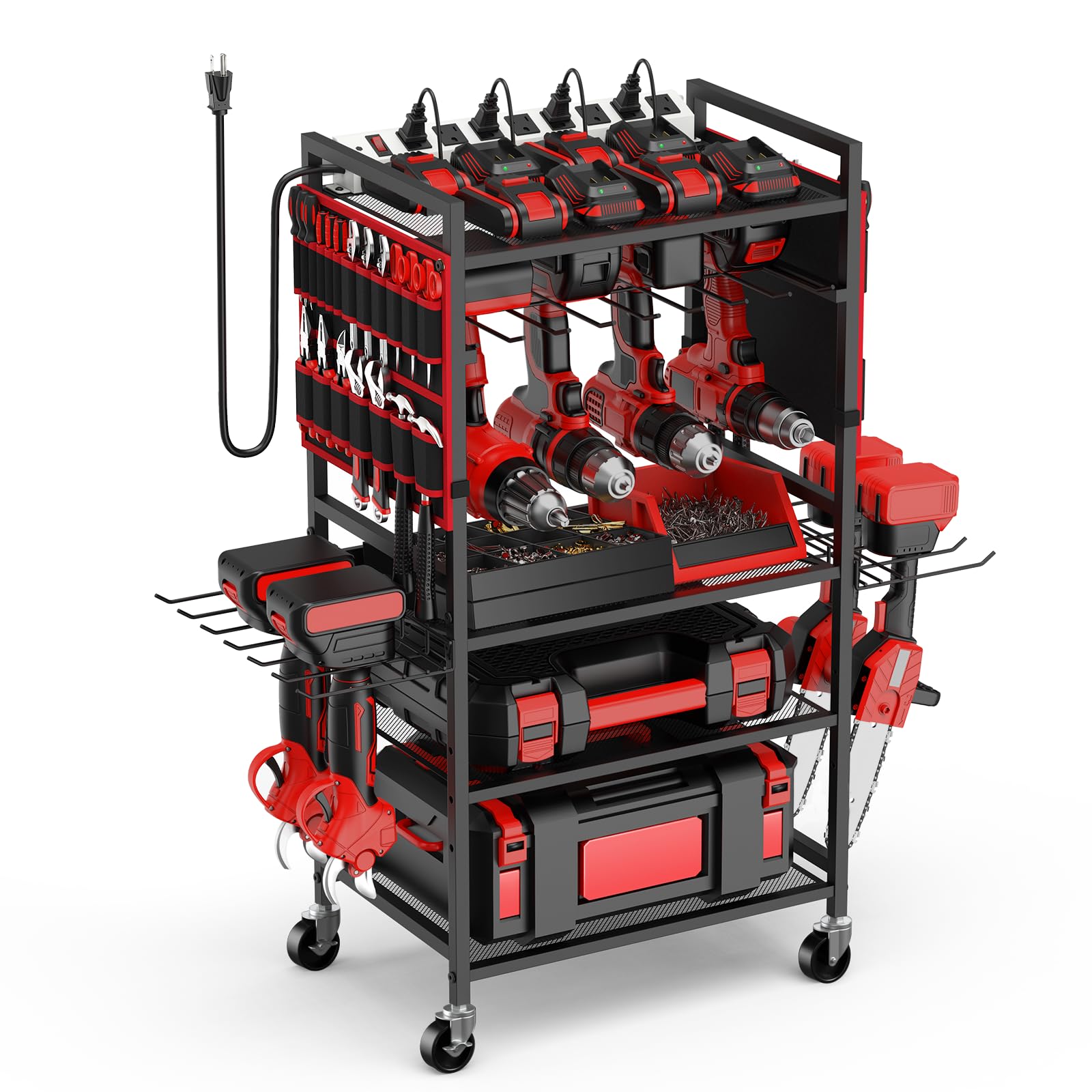 JUNNUJ Garage cart front view shows integrated charging and tool compartments for organized efficiency.