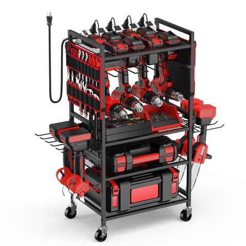 JUNNUJ Garage cart front view shows integrated charging and tool compartments for organized efficiency.