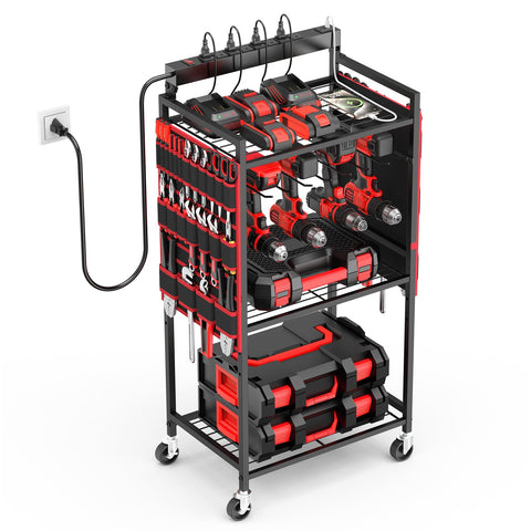 JUNNUJ garage power tool organizer cart front view with outlets for steady charging