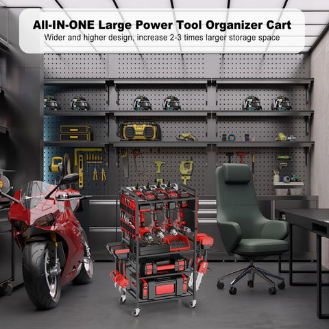 JUNNUJ Garage cart side pocket storage highlights accessible tool bays and canvas pockets.