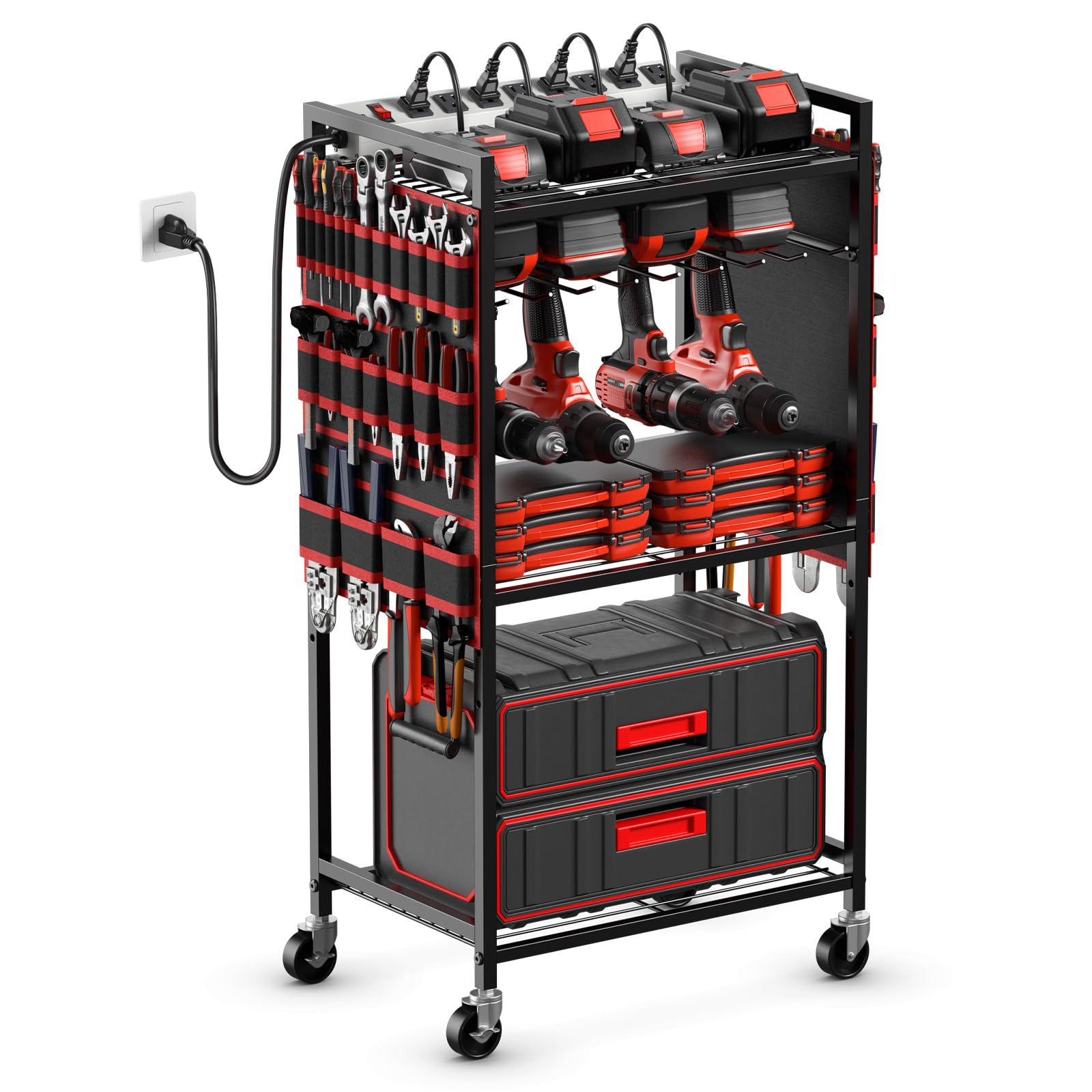 JUNNUJ large power tool organizer cart with charging station and wheels for easy garage organization