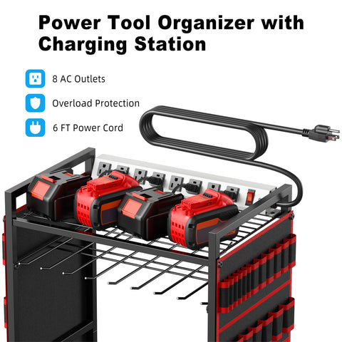 JUNNUJ rolling tool cart with 8-outlet charging for simultaneous device charging