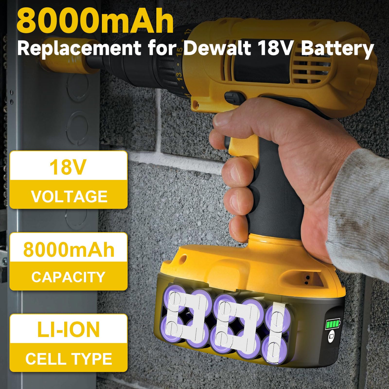 JUNWOOD battery compatible with Dewalt 18V models DC9096/DC9098 for versatile use