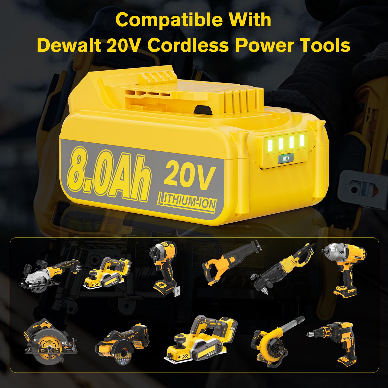 JUNWOOD Dewalt 20V Max compatibility visual showing broad fit.