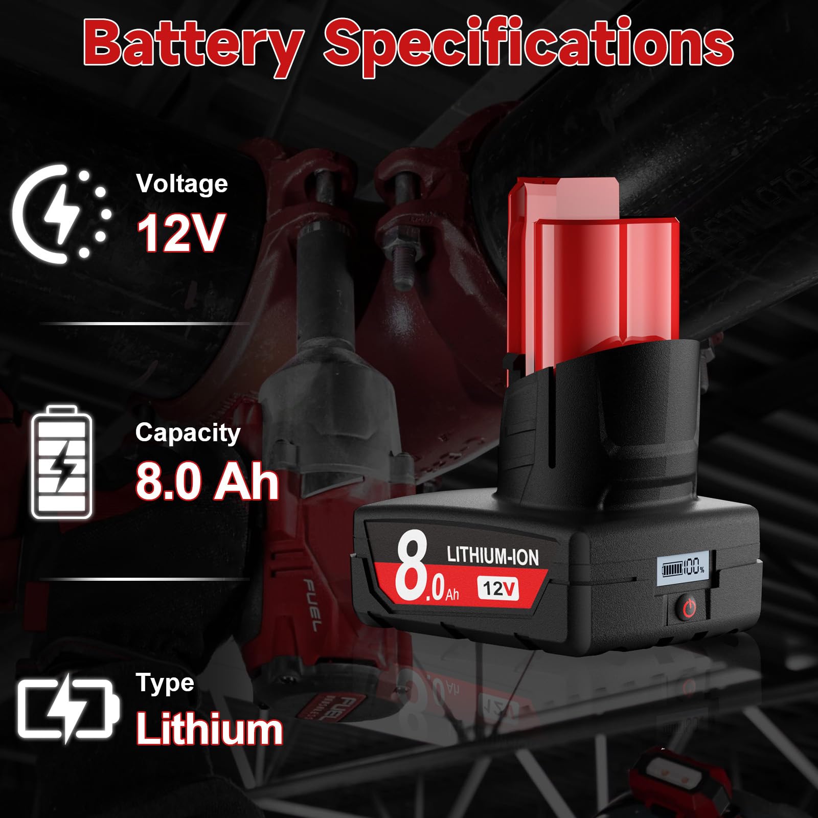 JUNWOOD LCD-equipped 8.0Ah battery shows remaining power at a glance.