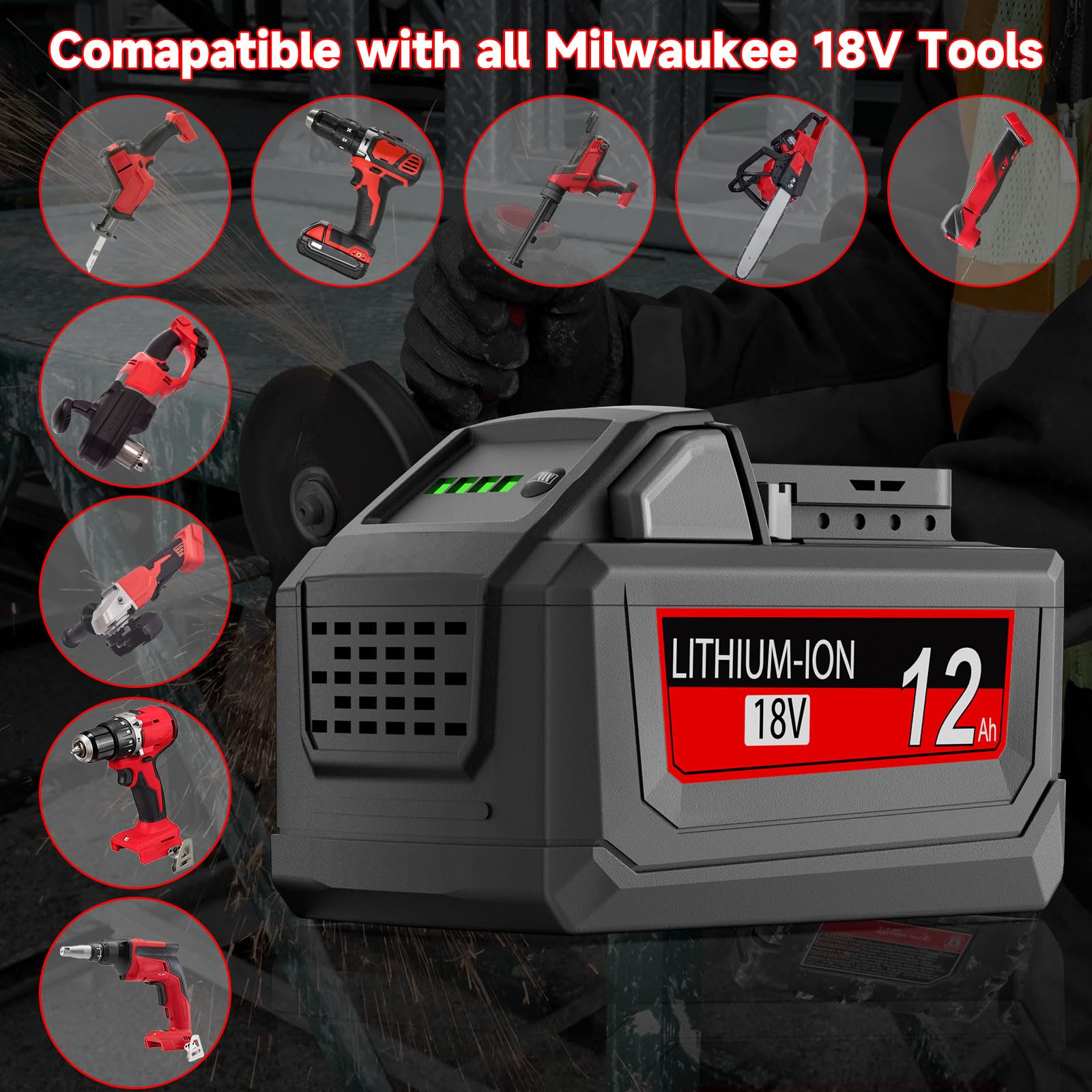 Junwood Milwaukee 18V 12Ah battery side view highlights sturdy build.