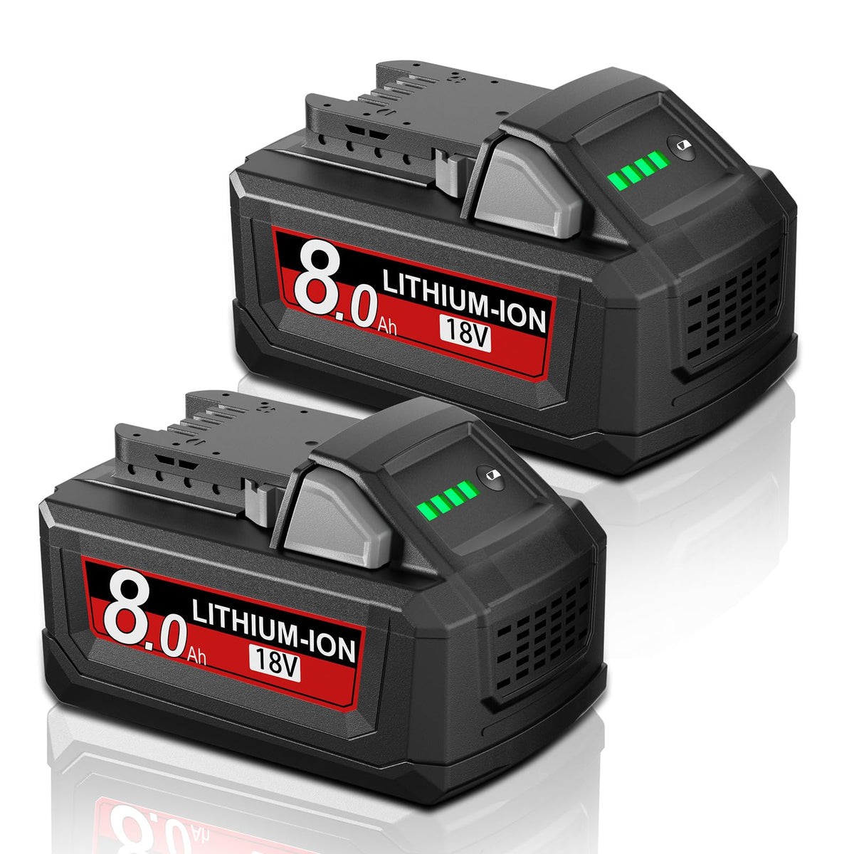 JUNWOOD Milwaukee 18V 8Ah battery front view, compact design for overhead use