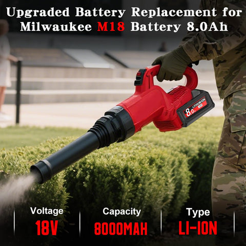 JUNWOOD Milwaukee 18V 8Ah battery side view showing balanced grip for tool handling