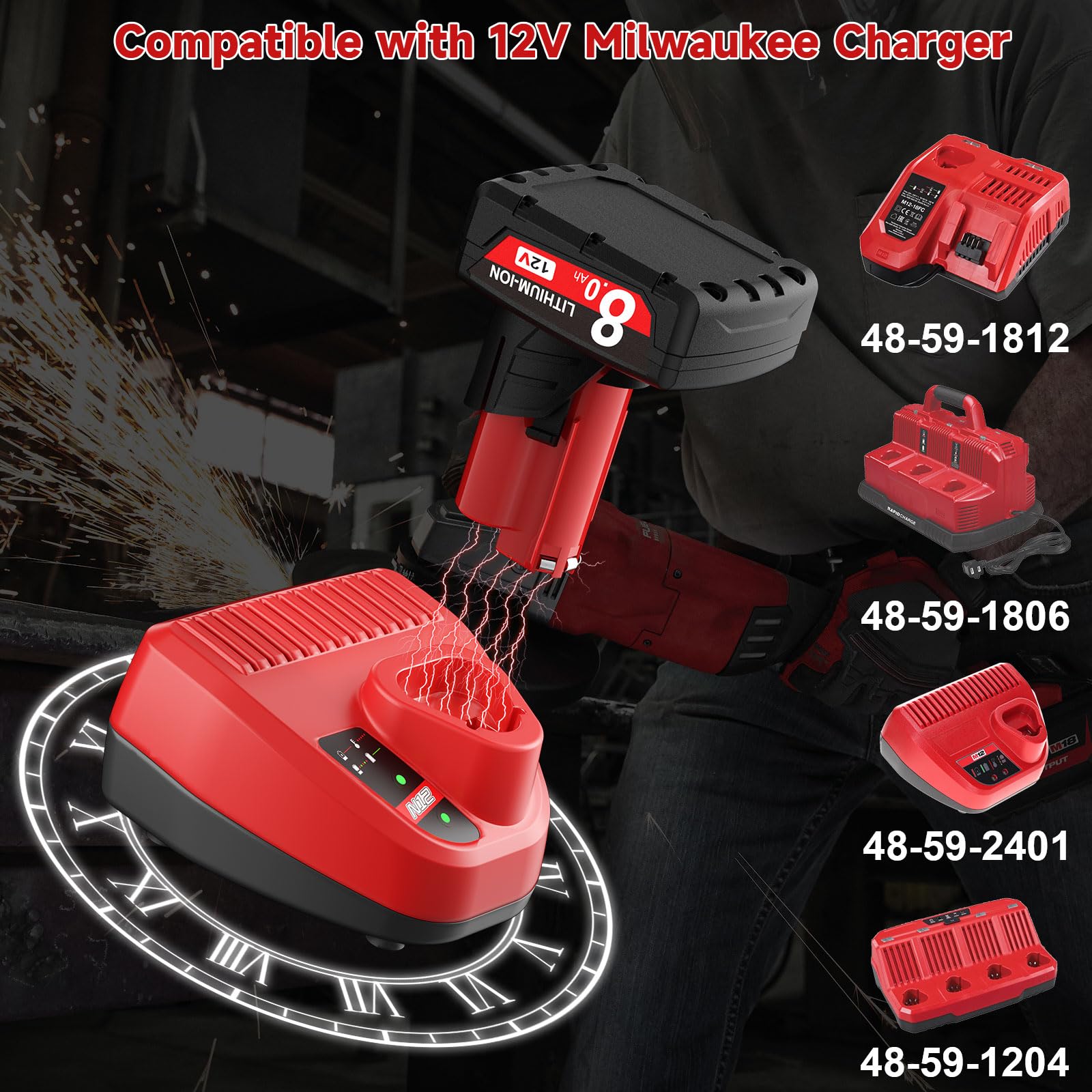 JUNWOOD high-capacity battery fits Milwaukee 48-11-2411 and 2412 series.