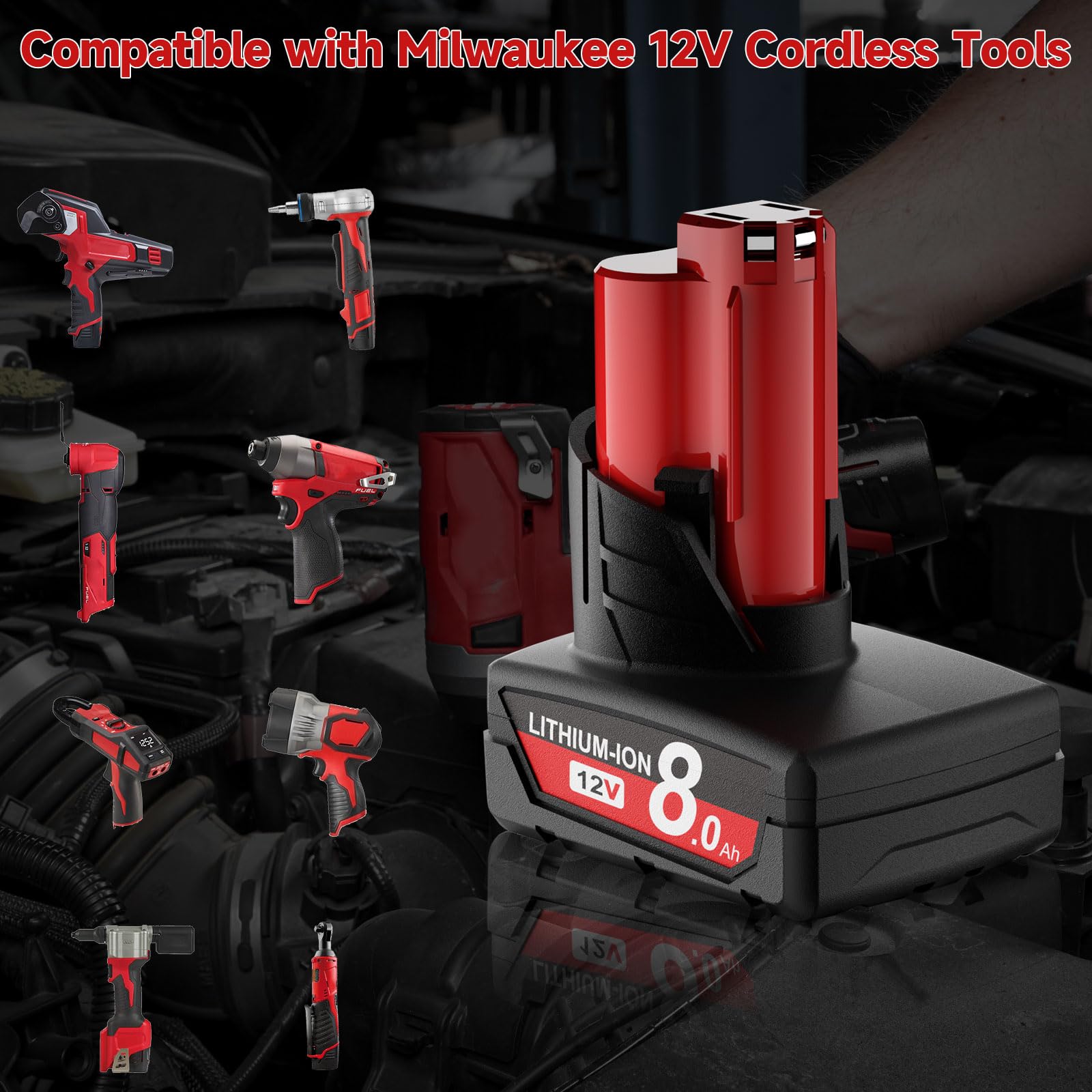 JUNWOOD 2-pack 8.0Ah battery set provides longer runtime for Milwaukee 12V tools.