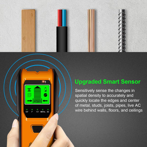 Jurgen K Tangerine stud finder, LCD display shows stud center and edges.