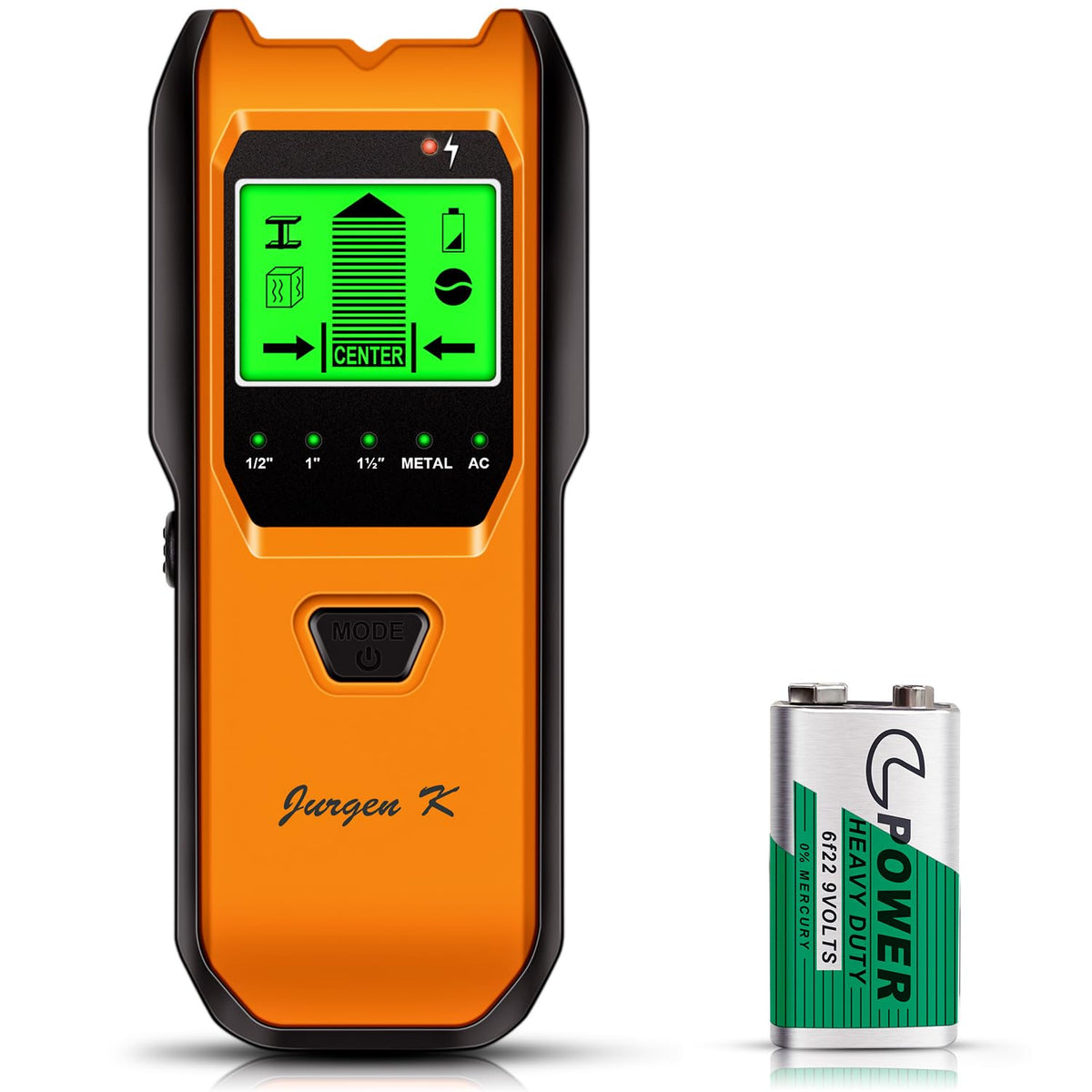 Jurgen K Tangerine stud finder, top view, quick wall scan for studs.